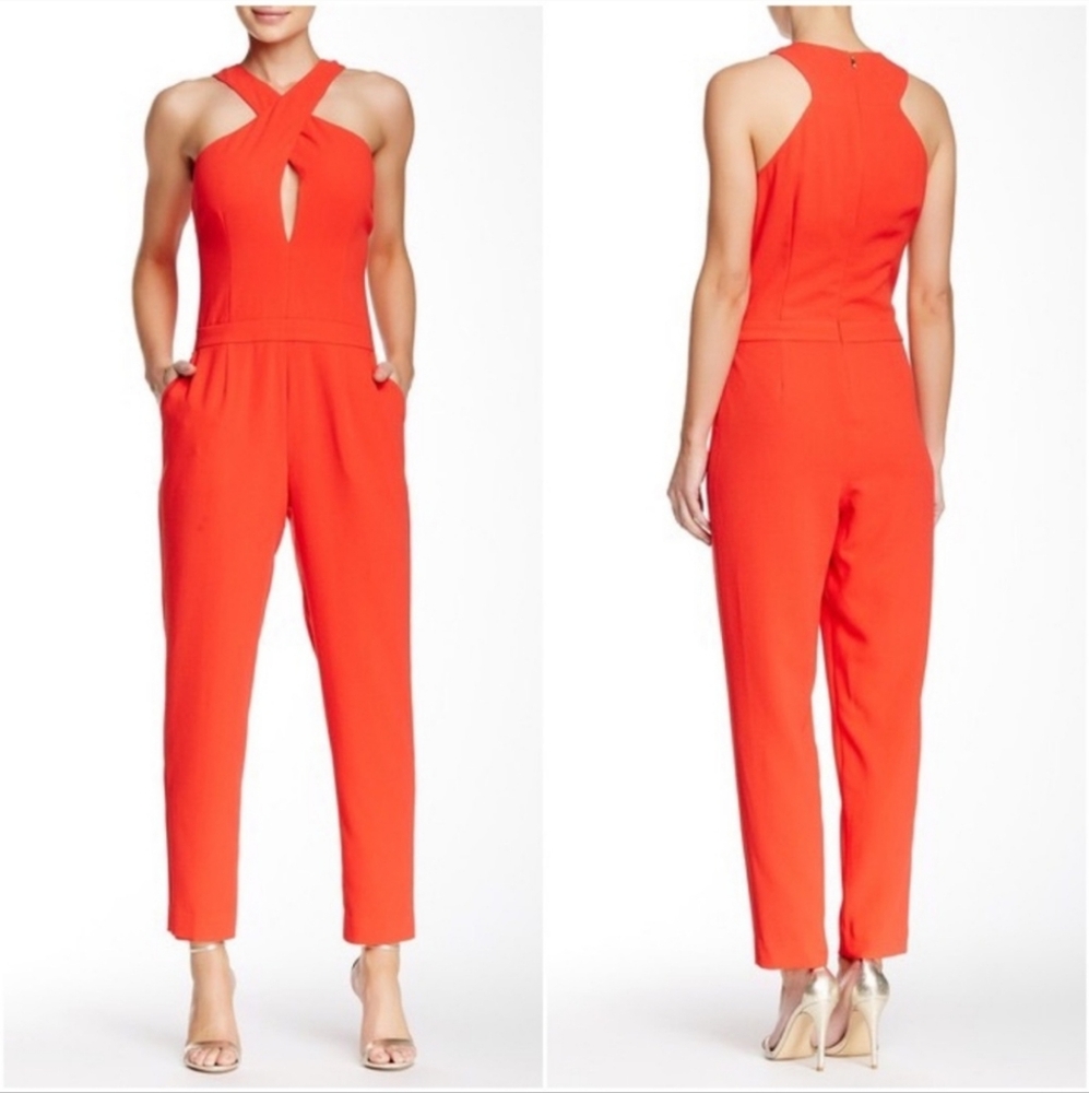 Trina Turk "Jean" Cherry Red Crossover Neck Jumpsuit, Sz 6